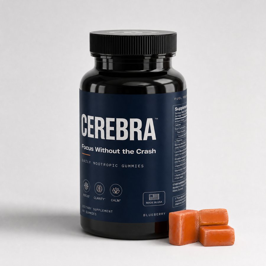 Cerebra Adaptogen Vitality Gummies bottle with mushroom gummies